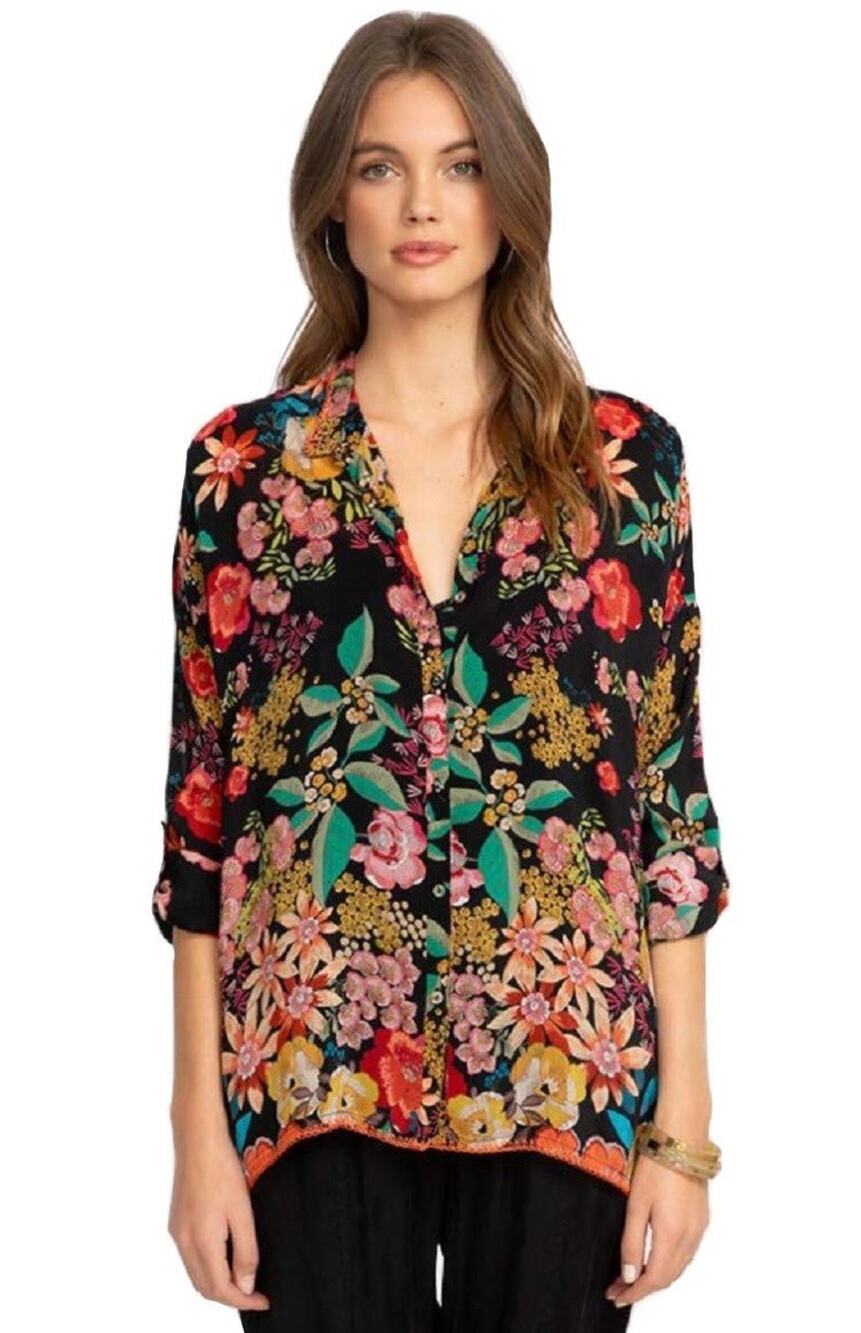 Johnny Was Plus Floral Print Button Down Cupra Rayon Midnight Garden Size 2X